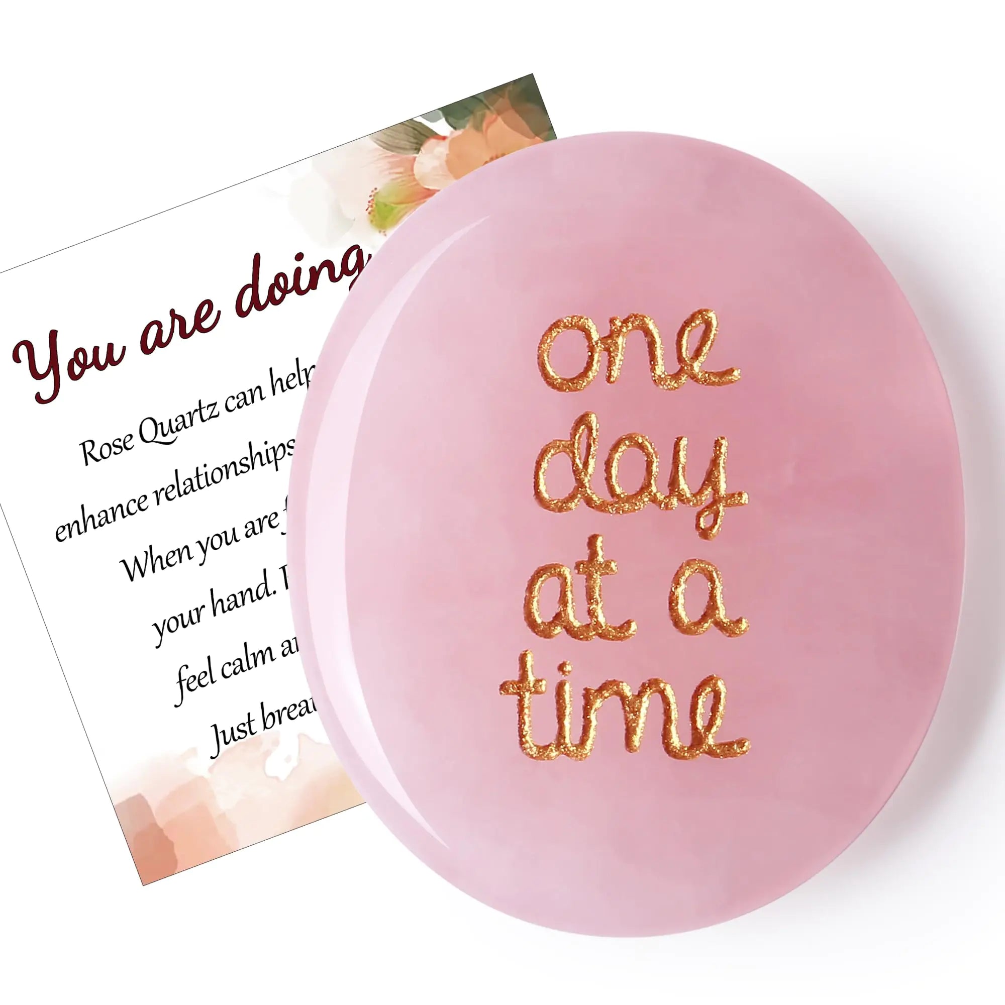QINJIEJIE One Day at A Time Rose Quartz Worry Stone Healing Crystal Thumb Stones Thinking of You Gifts for Anxiety Relief Items You Got This Valentines Day Gifts for My Love Gifts for Women
