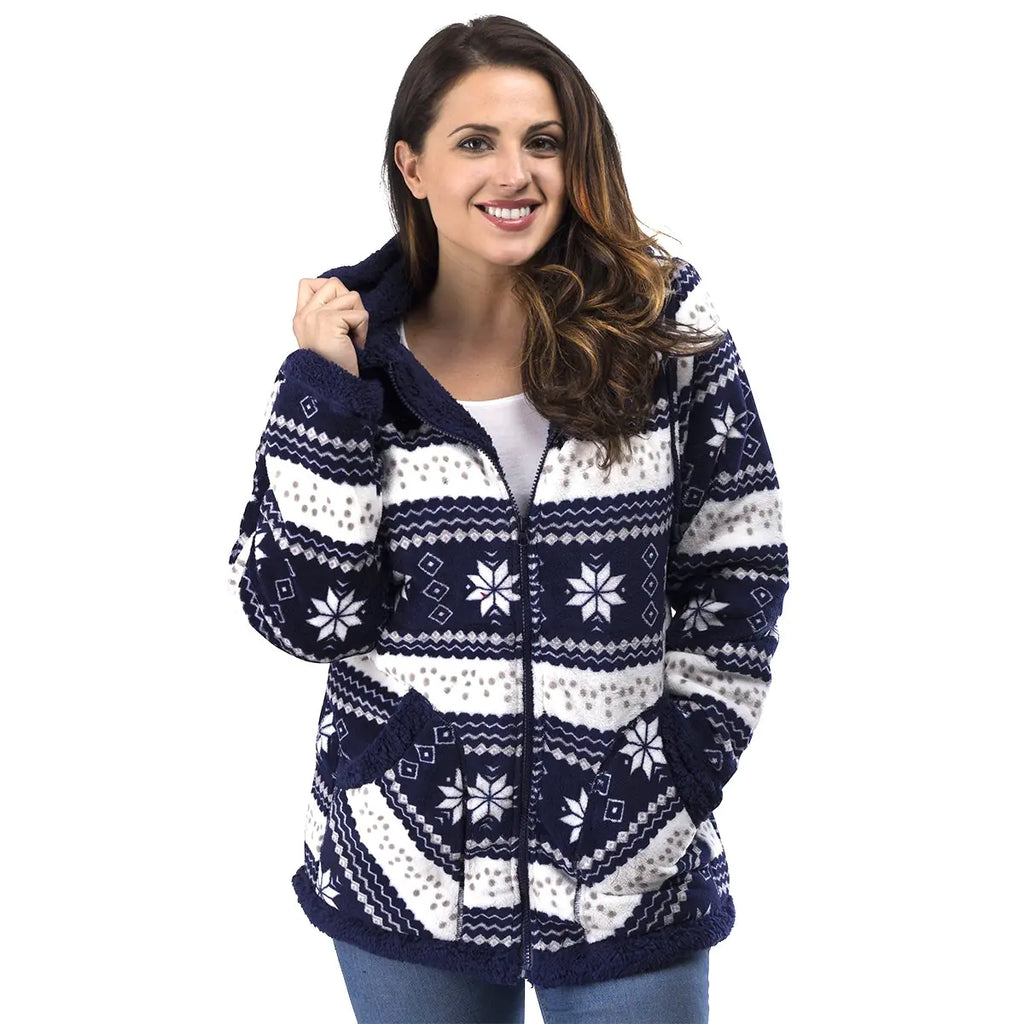 Ladies Smart Plush Sherpa Lined Hooded Sweater Jacket Zip Up Classic