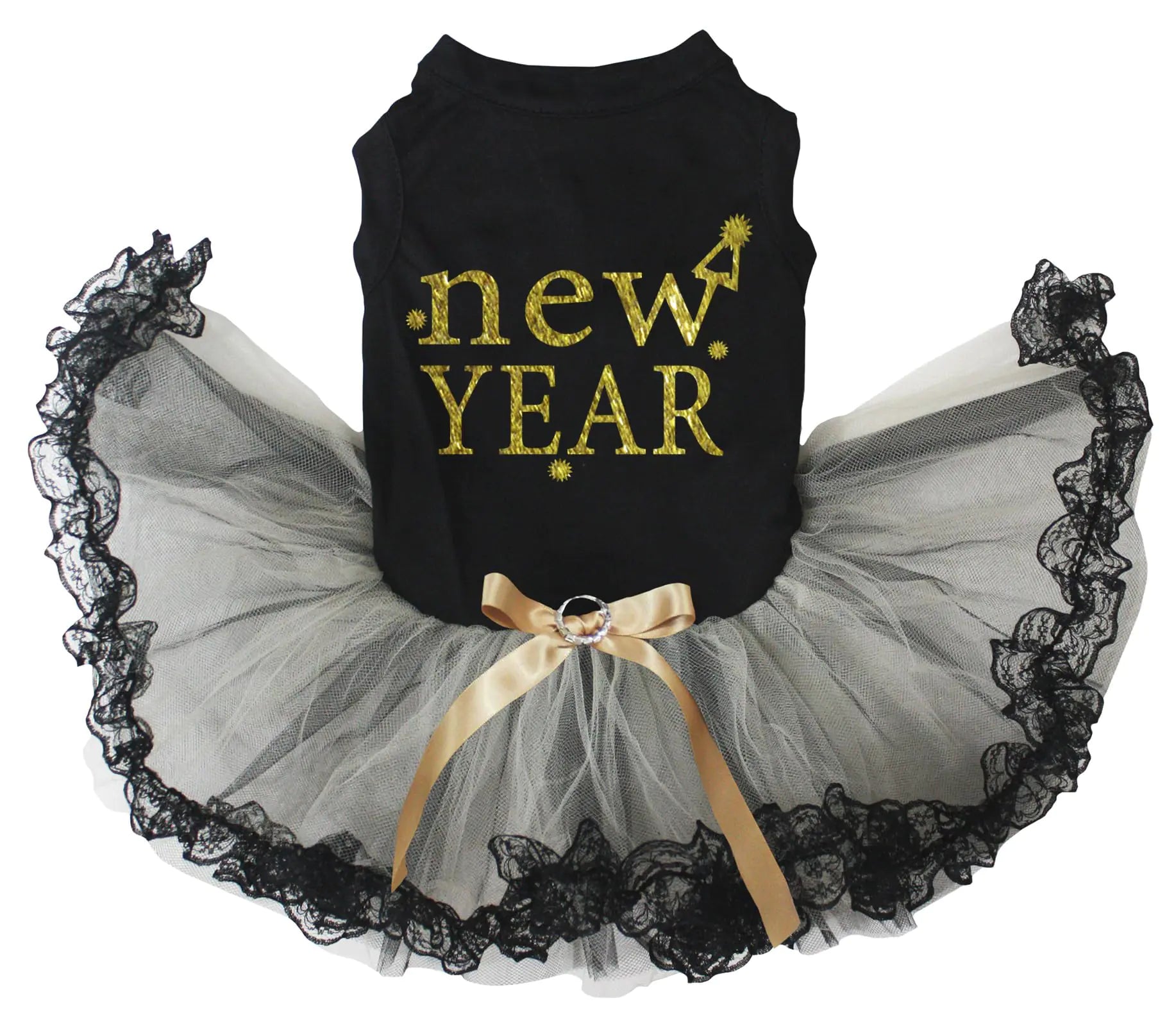 Petitebella New Year Puppy Dog Dress (Black/Gold Black Lace Small)