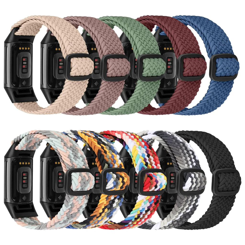 10 Pack Braided Stretchy Adjustable Straps Compatible for Fitbit Charge 5 Fitbit Charge 6 Bands for Women MenSport Elastic Nylon Cloth Wristbands for Charge 5/6