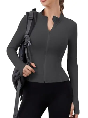 Fuqimman Zip up Workout Jacket Women Bbl Athletic yoga Gym Running Sport Track Crop Lady Golf Compression Active Jackets with Thumb Holes Grey