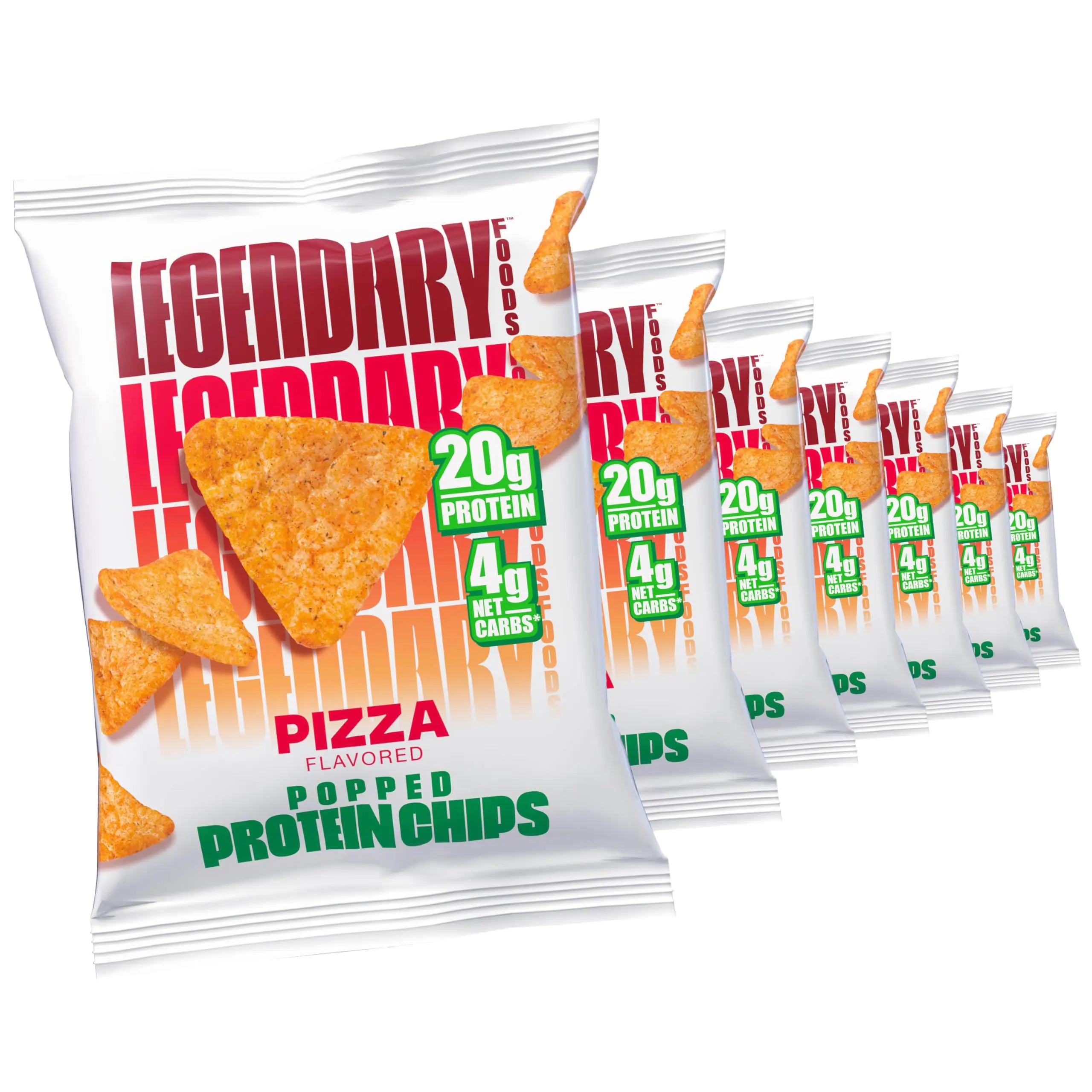 Legendary Foods 20gr Protein Chips - Keto Friendly and Gluten Free Crispy Tortilla Shaped Chips - Taco Snacks Low Carb and Low Sugar Protein Snack Pizza Flavored 7 x 1.2oz