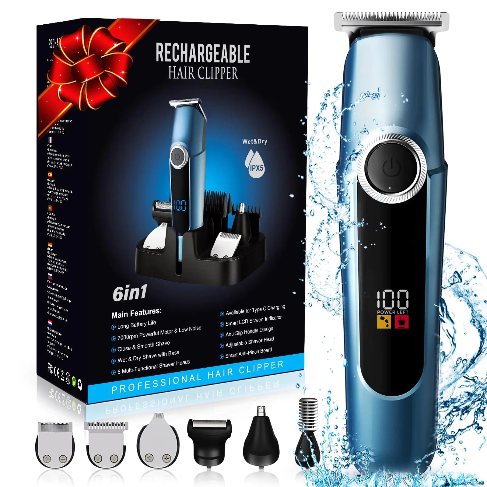 Beard Trimmer for Men Professional Mustache Trimmer for Men Mens Beard Grooming Kit Nose Hair Trimmer 6 in 1 Waterproof Rechargeable Electric Razor with Cordless Hair Clipper Gifts for Men