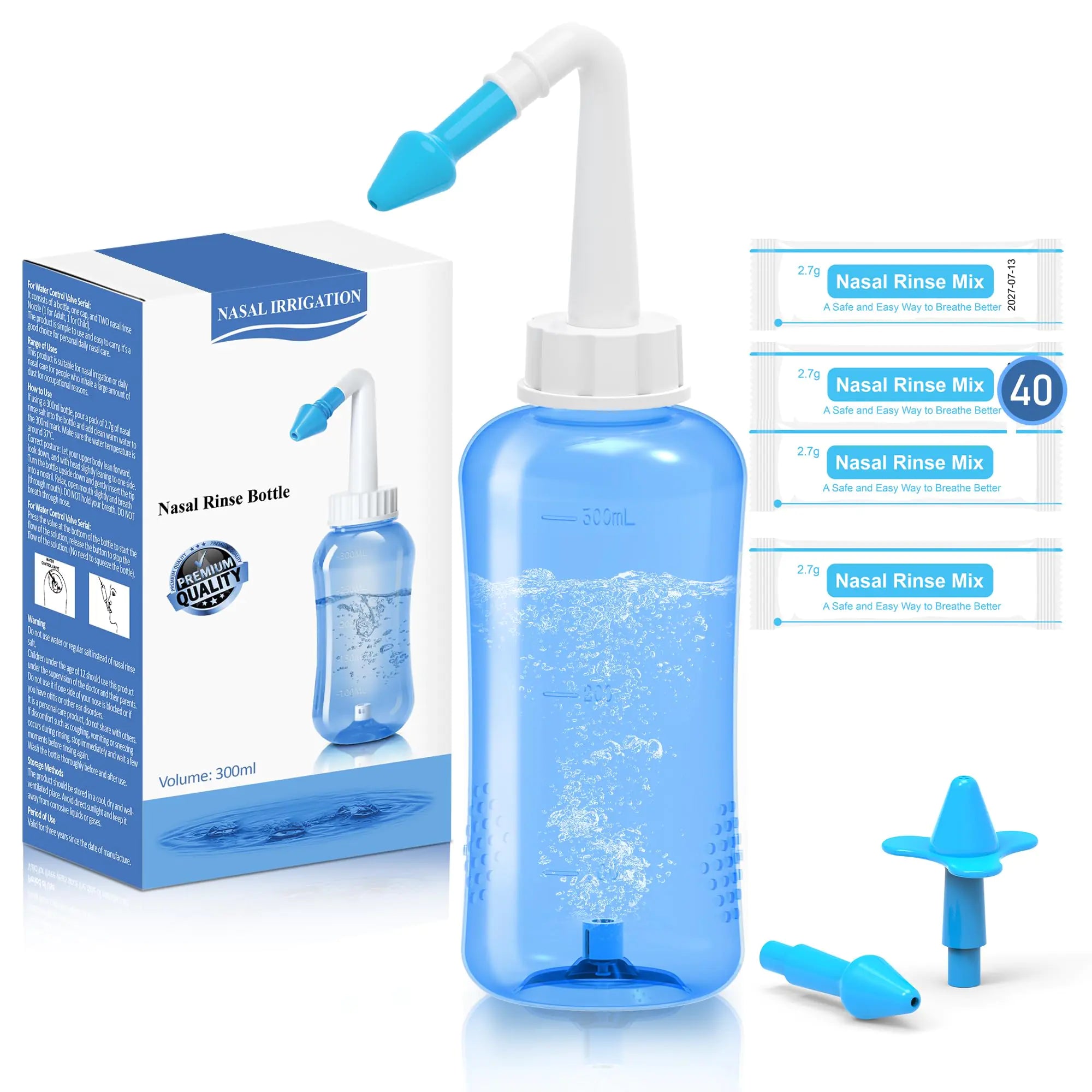 Neti Pot Sinus Rinse Kit Sinus Rinse Bottle Nose Wash Cleaner Pressure Rinse Nasal Irrigation for Adult & Kid 300ml Capacity Sinus Rinse Bottle and 40 Nasal Wash Salt Packets