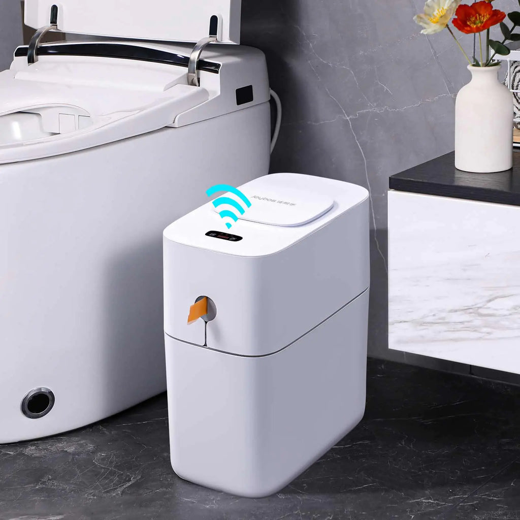 MOPUP Touchless Bathroom Trash Can Automatic Garbage Can for BedroomOffice Motion Sensor Trash Bin3.5 Gallon Dogproof Plastic Slim Wastebasket for Toilet RVLiving Room White