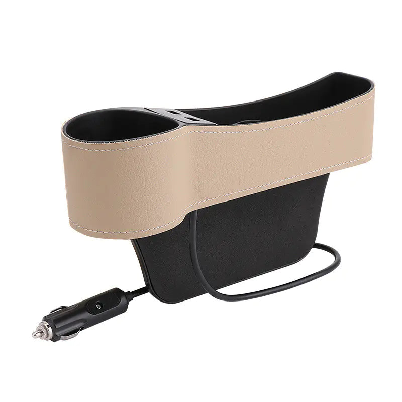 Car Storage Box with Dual USB Charger and Cup Holder