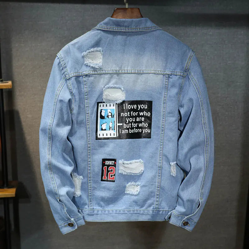 Men's Spring Autumn Light Blue Printed Denim Jacket