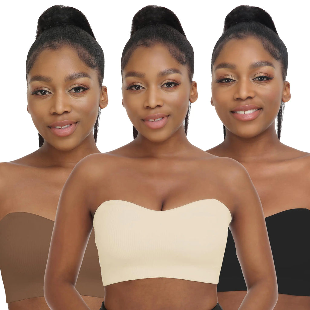 Zimcti Womens Strapless Bra Comfortable Non-Slip Silicone Bandeau Bra Seamless Tube to Bra Black+Beige+Brown XXL