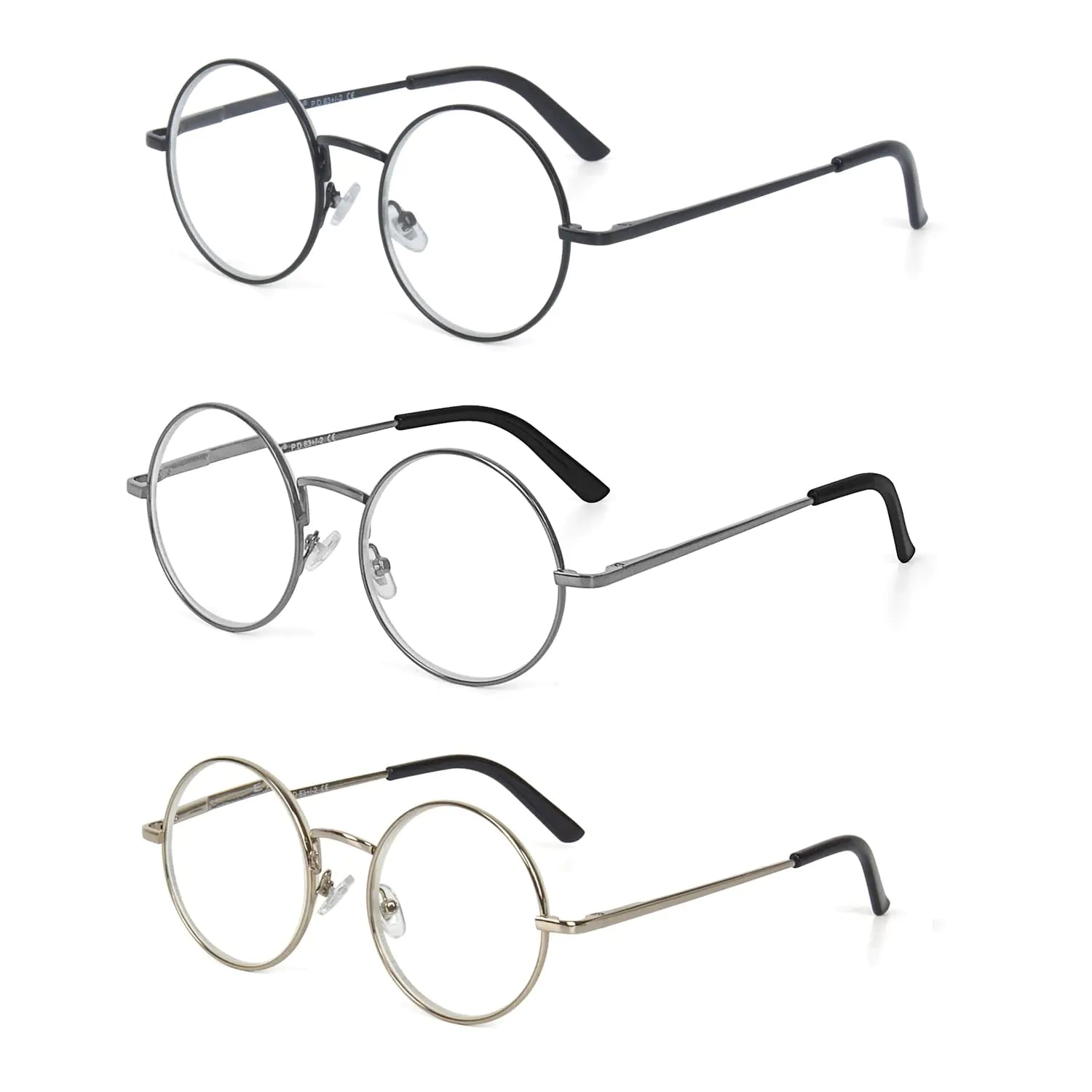 EYE ZOOM 3 Pack Metal Frame Round Reading Glasses with Spring Hinge (Black Silver and Gunmetal +2.00 Strength)