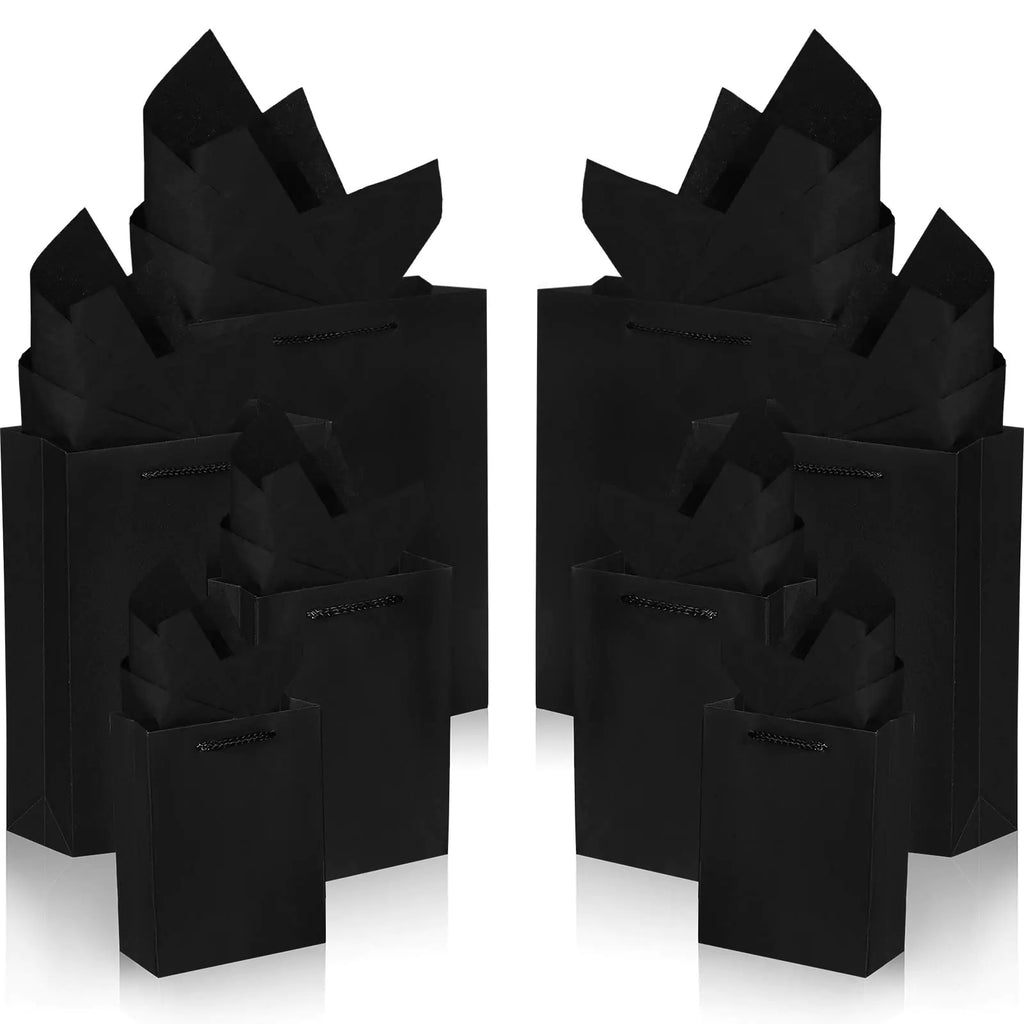 Outus 24 Pieces Black Gift Bags Paper Kraft Bags with 24 Pieces Copy Papers 4 Different Sizes in 6 Inches 8 Inches 11 Inches and 13 Inches for Birthday Graduations Parties Wedding (48 Pieces)