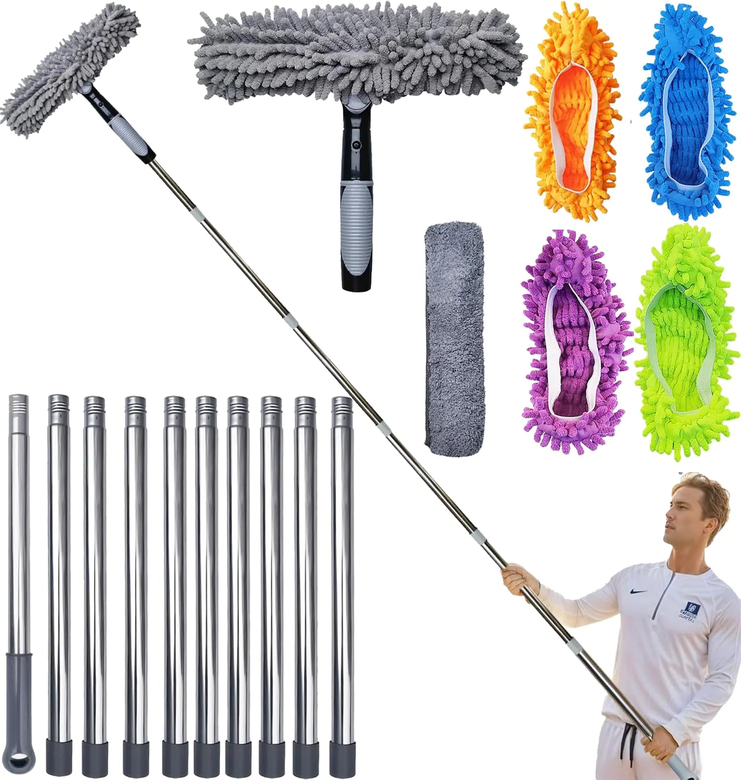 20+ Feet Reach 2 in 1 Window Washing Squeegee & Duster with 3-14 ft Spliceable Extension Pole // Window Cleaning Tool & Window Washer Squeegee with 5 Replace Pad for Home Indoor Outdoor Window Washing