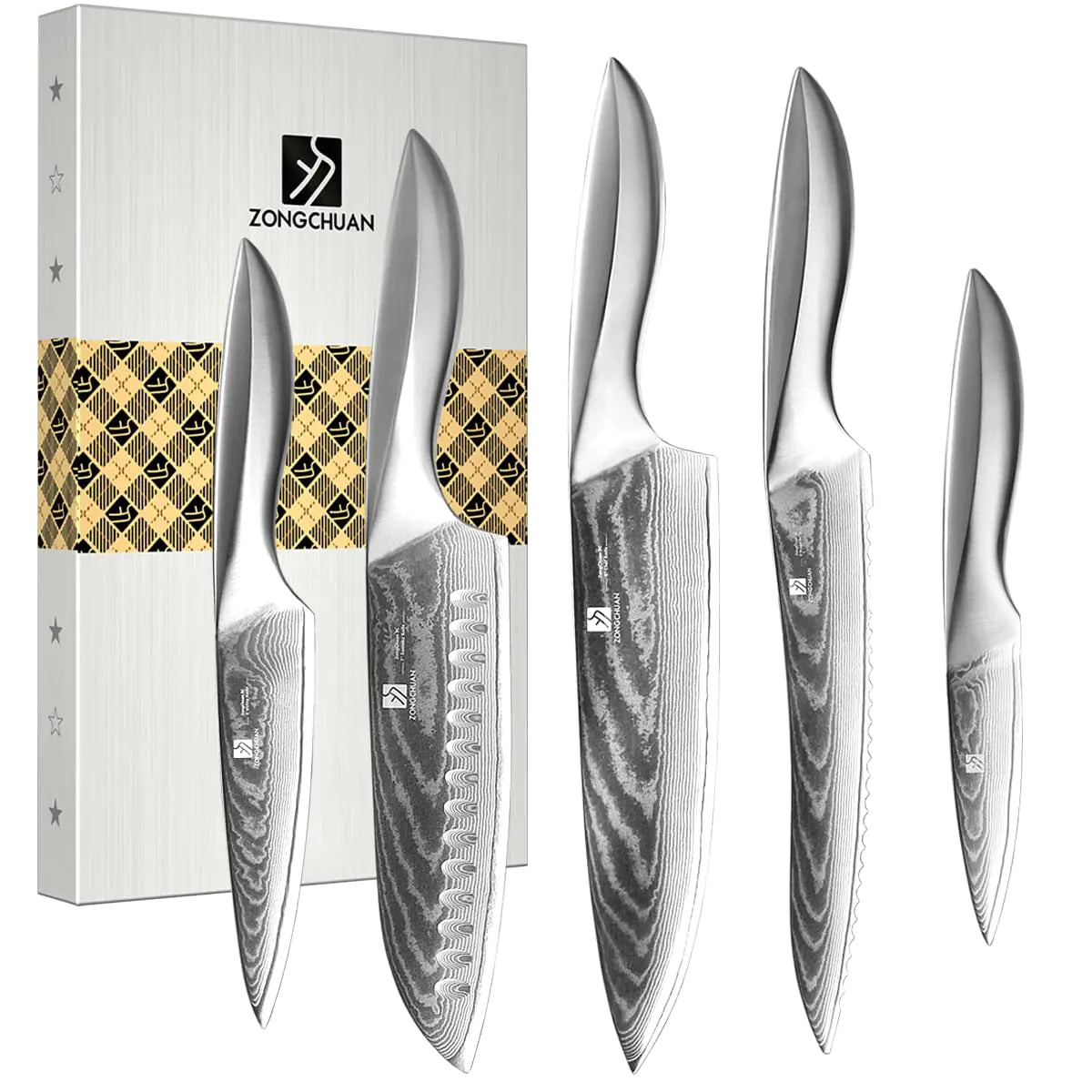 5 PCS Damascus Chef Knife Set Ultra-Smooth Cutting Experience and Professional Grade Sharp Kitchen Knife SetHandle Ergonomic Design9CR18MOV High Carbon Stainless SteelDishwasher Safe