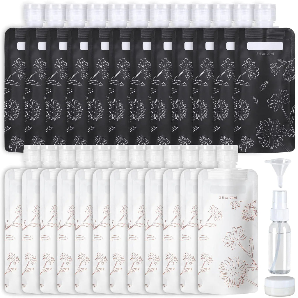 Travel Toiletry Containers - 27 Pack Leak Proof 3oz TSA Approved Travel Pouches Stand Up Slim & Lightweight Design Space Saving Pack More Shampoo Conditioner Lotion Body Wash