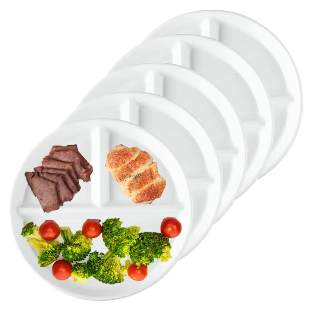 Unbreakable Divided Plates 5PCS for Kids Adults Compartment Plates Lightweight Reusable Dinnerware Portion Control Plastic Plates (5Pack-White 9IN)