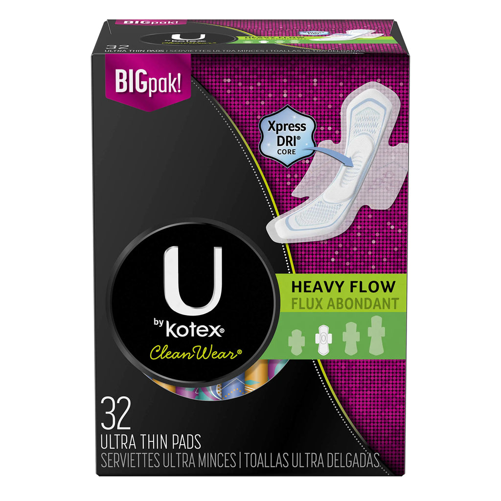U by Kotex Cleanwear Ultra Thin Pads with Wings Heavy Flow 32 Count