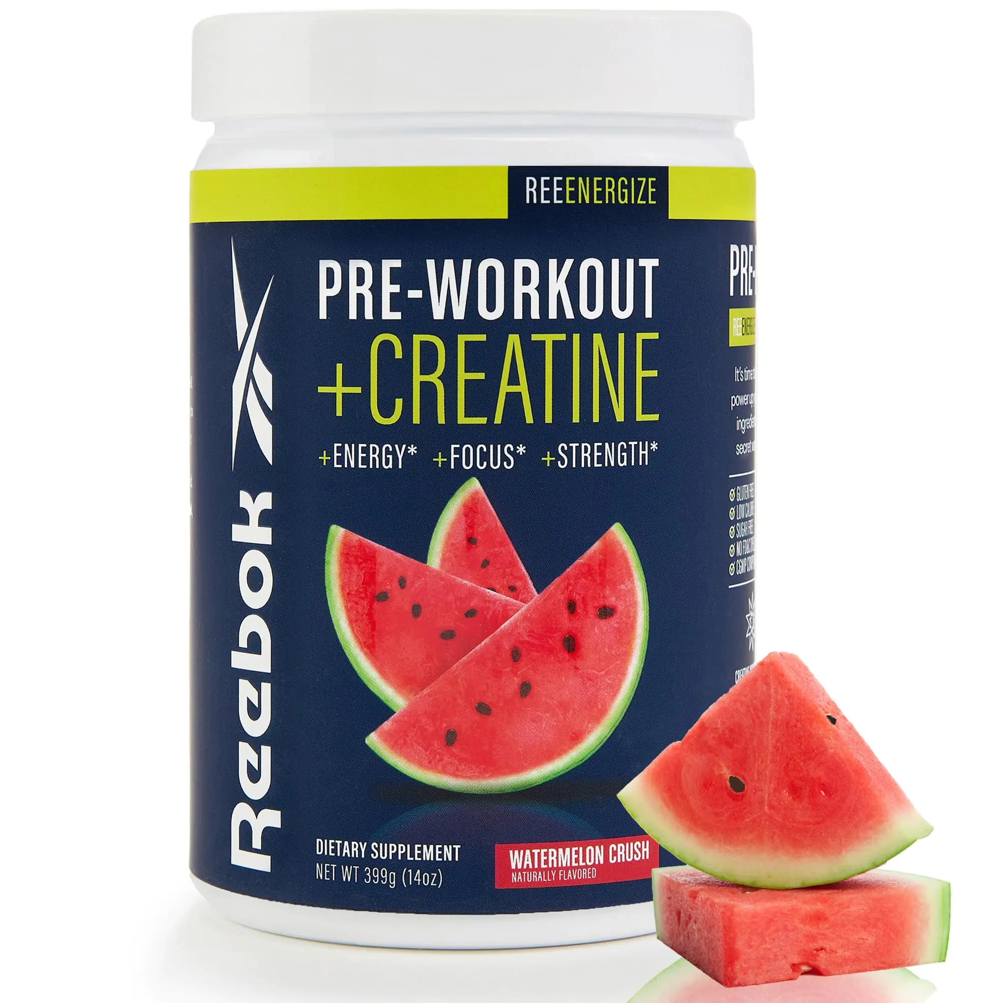 Reebok ReeEnergize Pre-Workout + Creatine | 200MG Caffeine 3G Creatine 4G Citrulline | Energy Focus Strength | Nitric Oxide Booster | 25 Servings | Watermelon Crush