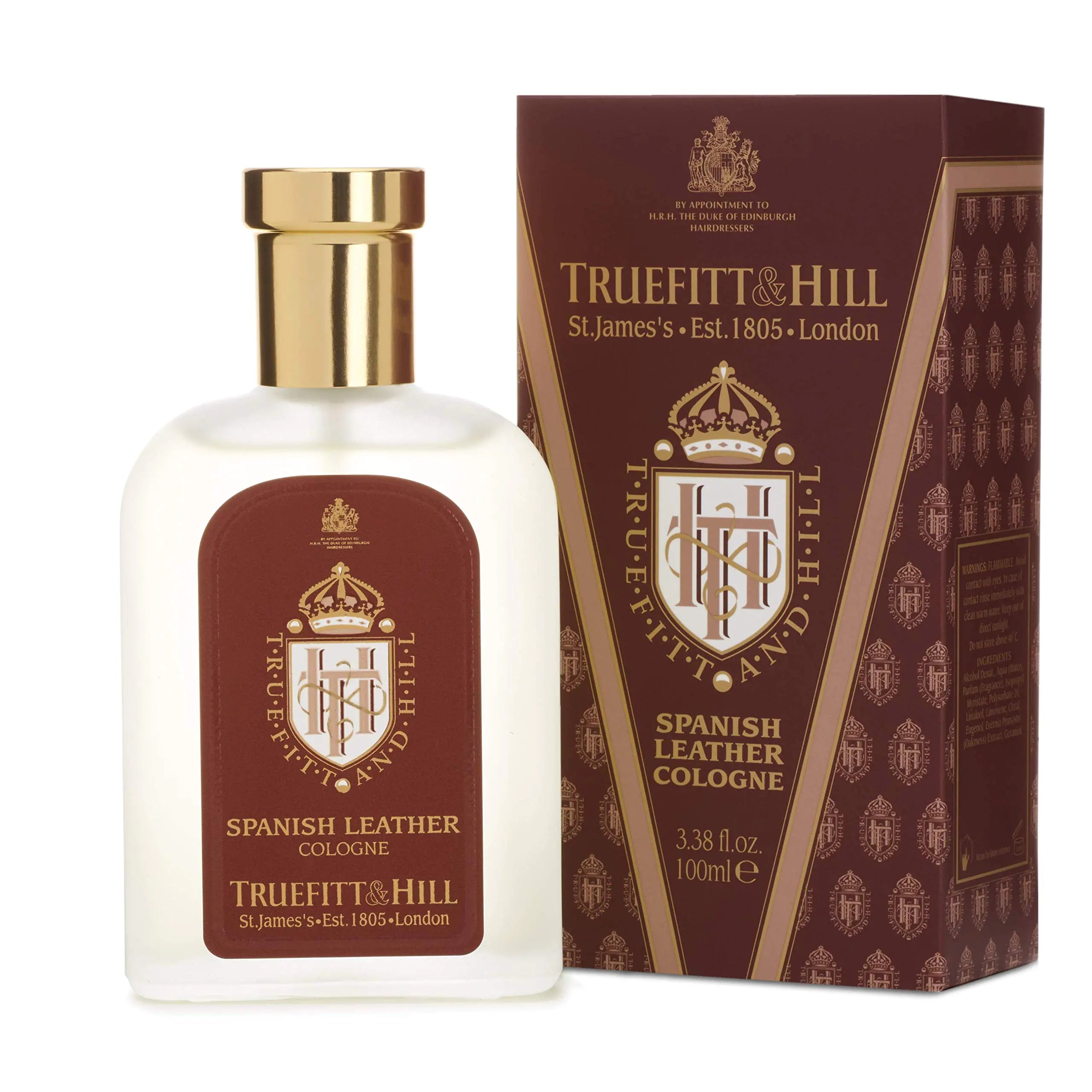 Truefitt & Hill Luxury Cologne - Spanish Leather - Premium Long-Lasting Fruit and Wood Mens Fragrance Presented in a Beautifully Etched Traditional Atomizer Bottle - 3.38 oz.