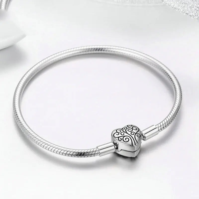 S925 Silver Bracelet with Heart Charm and Snake Chain