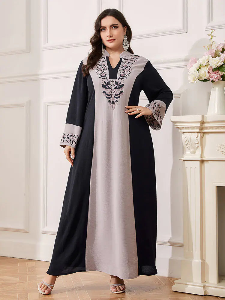 Plus Size Color Block Women's Robe with Embroidery