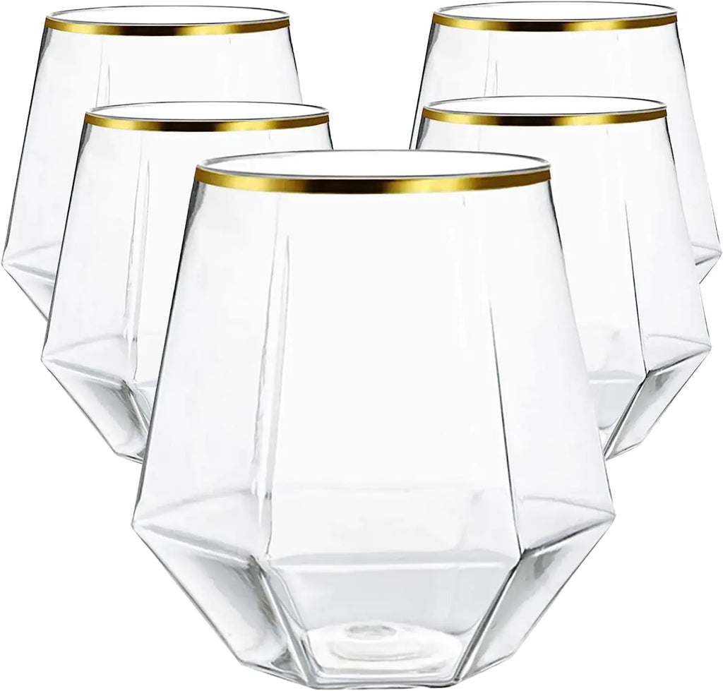 24 count Diamond Unbreakable Stemless Plastic Wine Champagne Glasses Disposable Shatterproof BPA-Free Wine Glasses Indoor Outdoor Ideal for Home Office Bars Wedding 12 Ounce Cup (Gold)