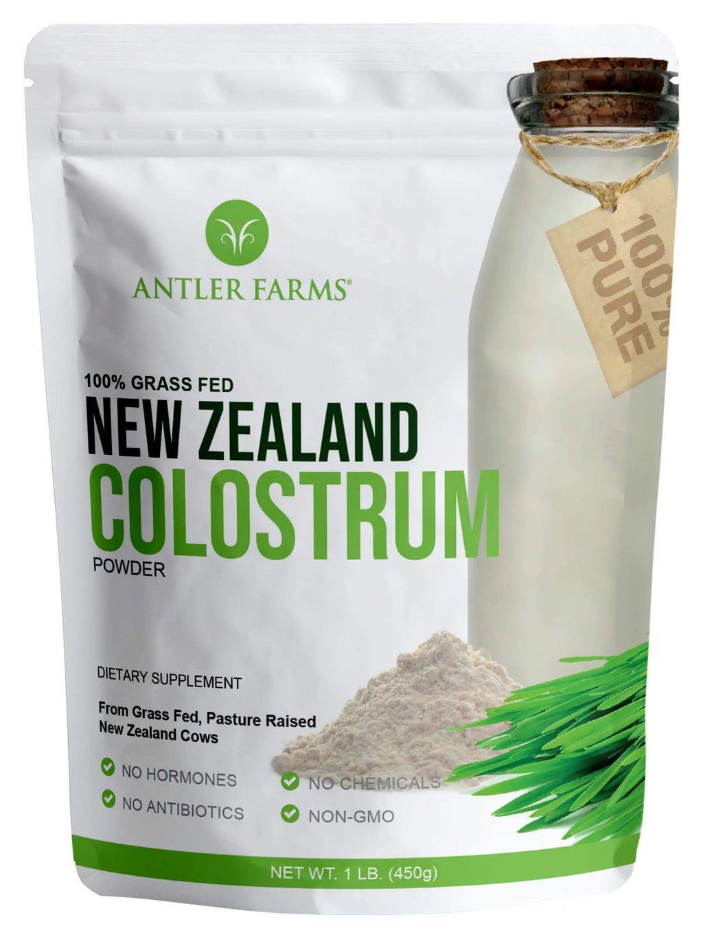 Antler Farms 100% Pure New Zealand Colostrum 30 Servings 1 lb - Grass Fed Pasture Raised Clean Sourced Cold Processed Undiluted High IgG Content