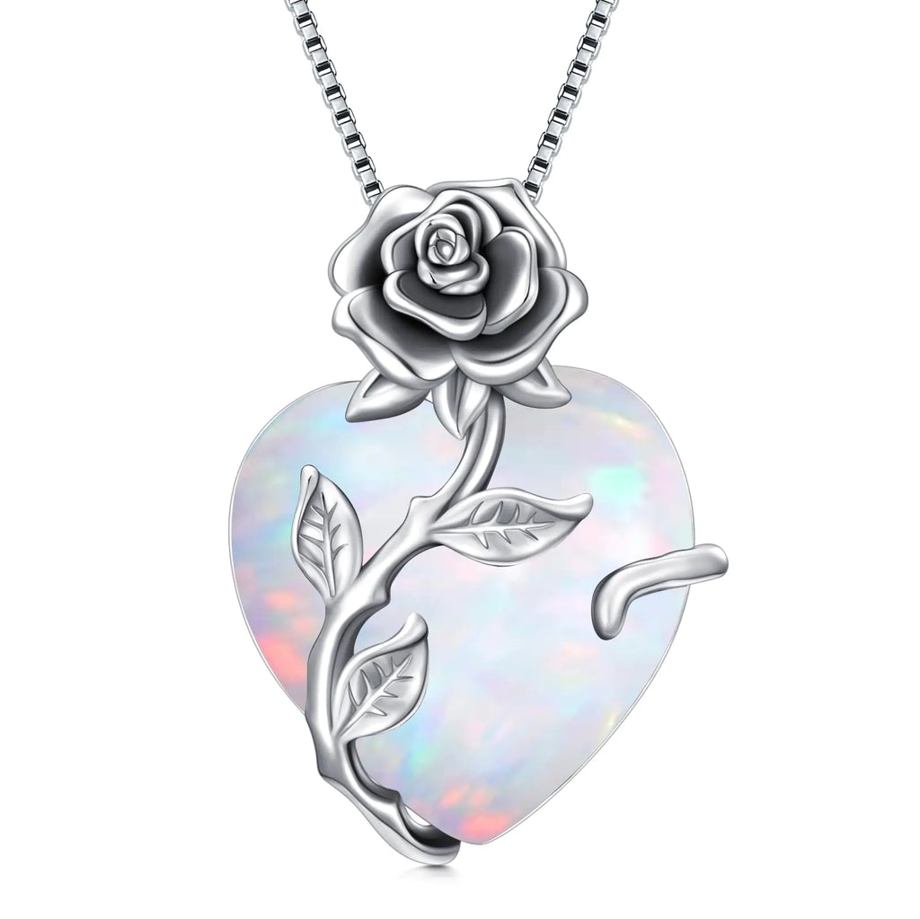 Opal Necklaces for Women Christmas Gifts Sterling Silver Heart Rose Flower October Birthstone Necklace White Opal Pendant Jewelry Gifts for Women Ladies Mom Girlfriend Wife Birthday Gifts Ideas
