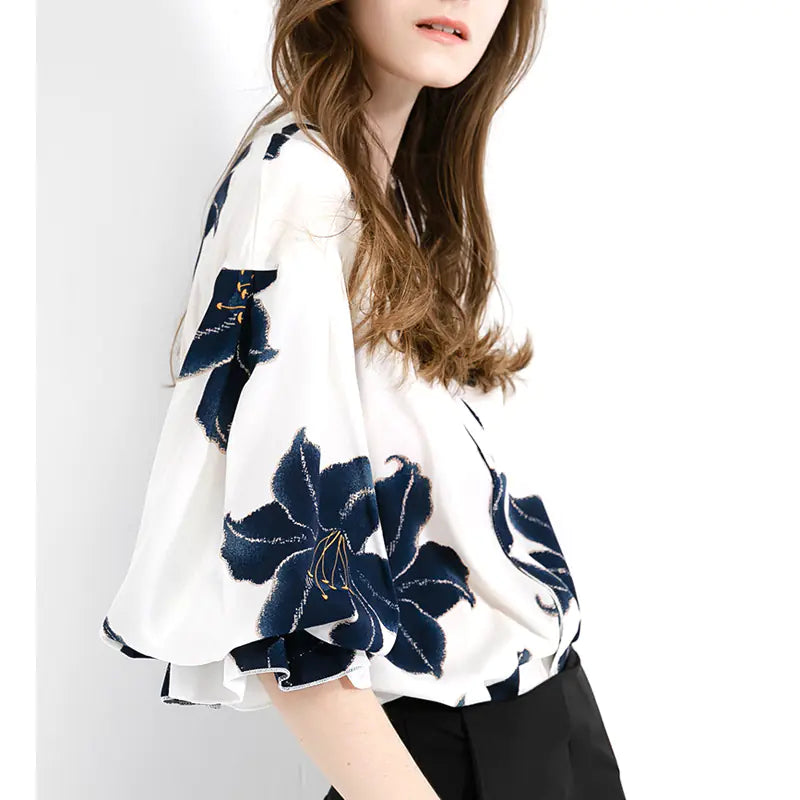 Chiffon Women's Loose 3/4 Sleeve Floral Blouse