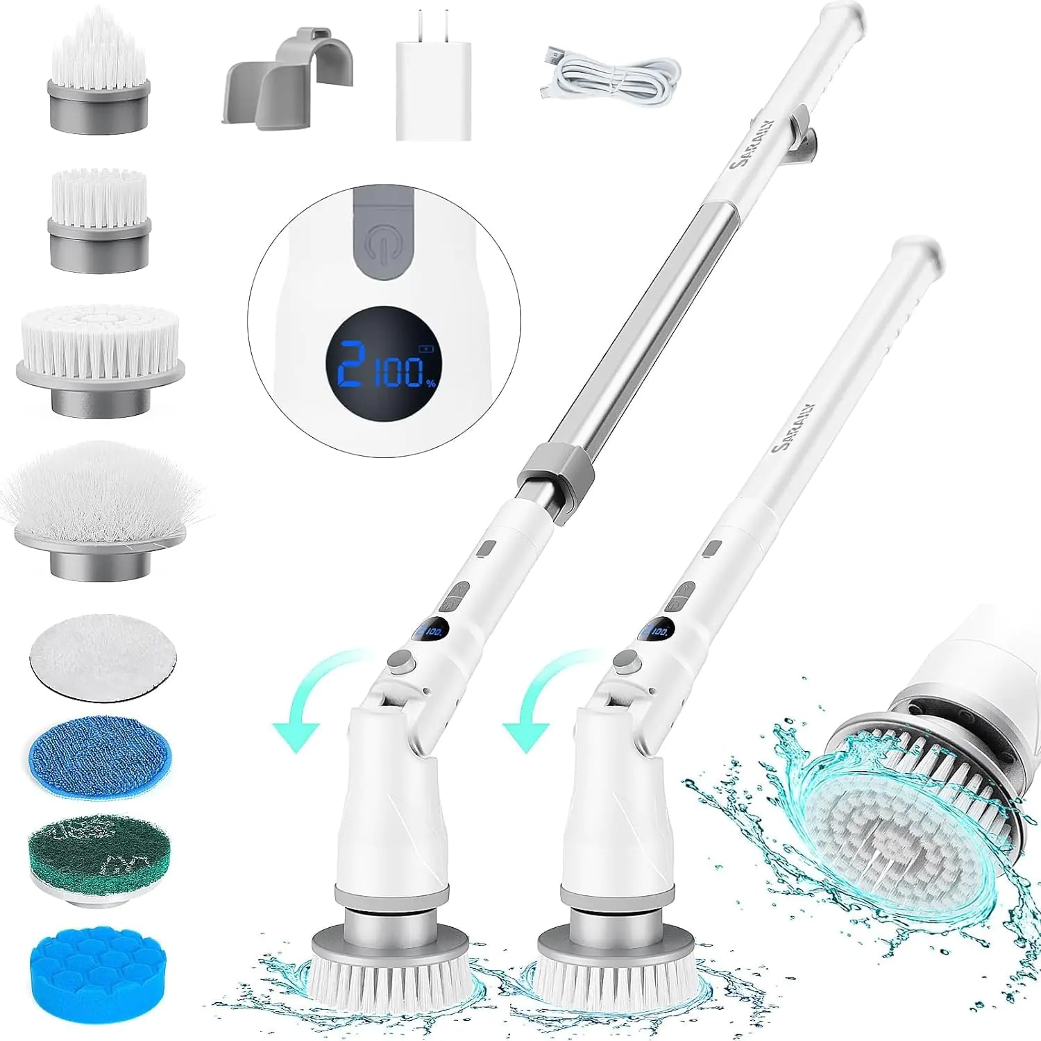 Electric Spin Scrubber 80W Cordless Bathroom Shower Ergonomics Scrubber with 8 Cleaning Heads 5000mah Dual Speed Power Scrubber with 54" Aluminum Alloy Handle for Bathtub Grout Tile Floor