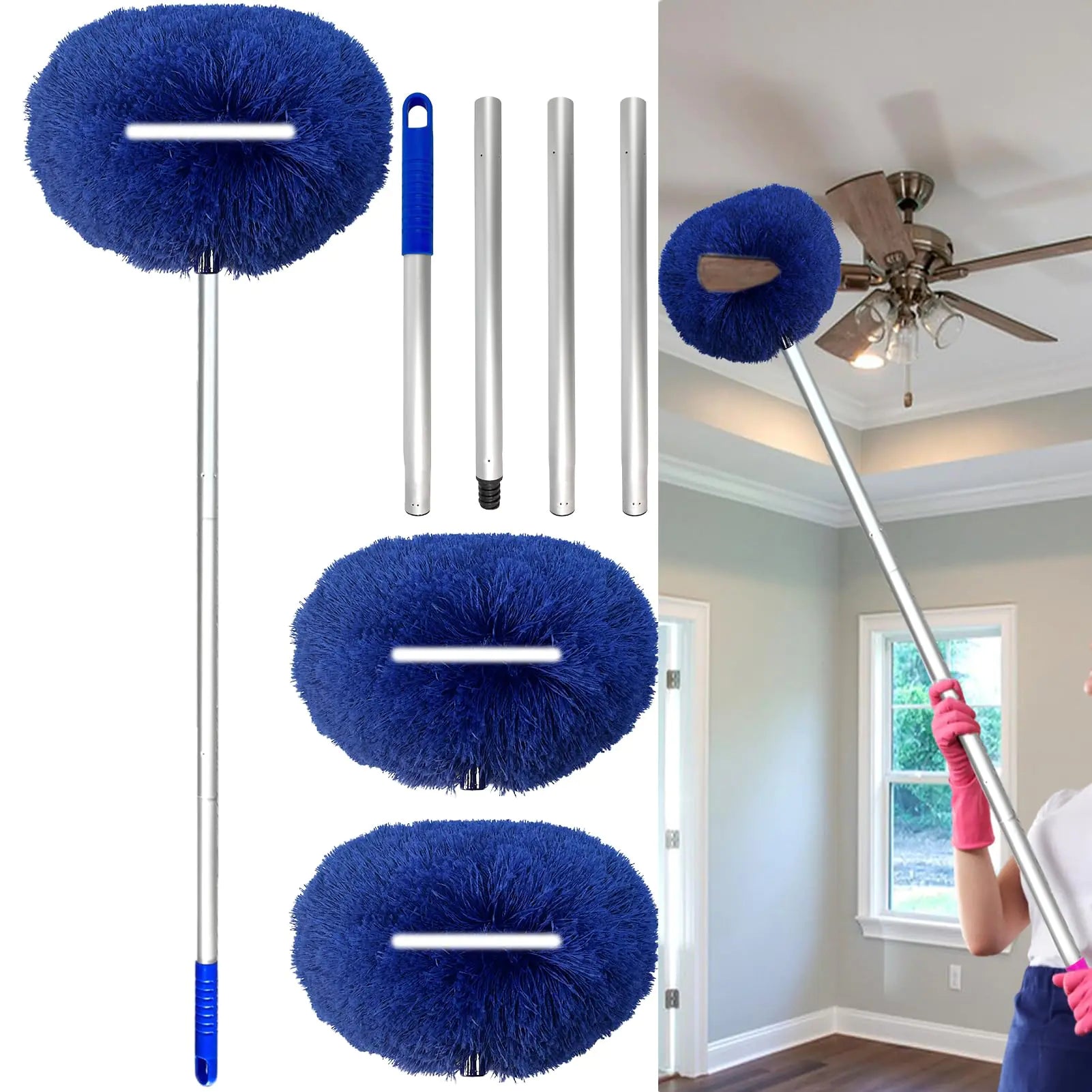 Ceiling Fan Cleaner Duster Reusable Washable Microfiber Ceiling Fan Blade Cleaner with 57‘’ Extendable Long Handle and Two Dusting Heads for Ceiling Fan Furniture Door Window Top Wall