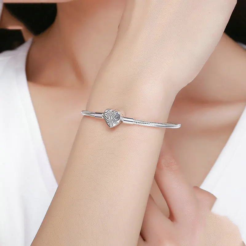 S925 Silver Bracelet with Heart Charm and Snake Chain