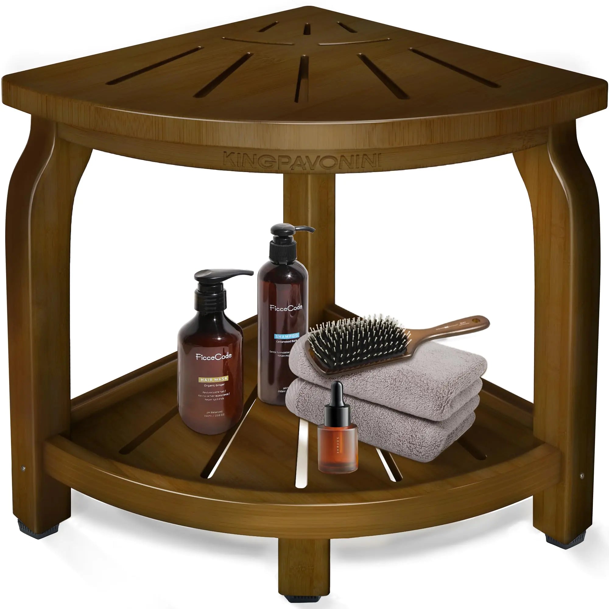 KingPavonini Bamboo Corner Shower Stool for Shaving Legs Foot Rest Waterproof Bath Bench Seat with Storage Shelf for Bathroom Inside Shower Hold Up to 450Lbs