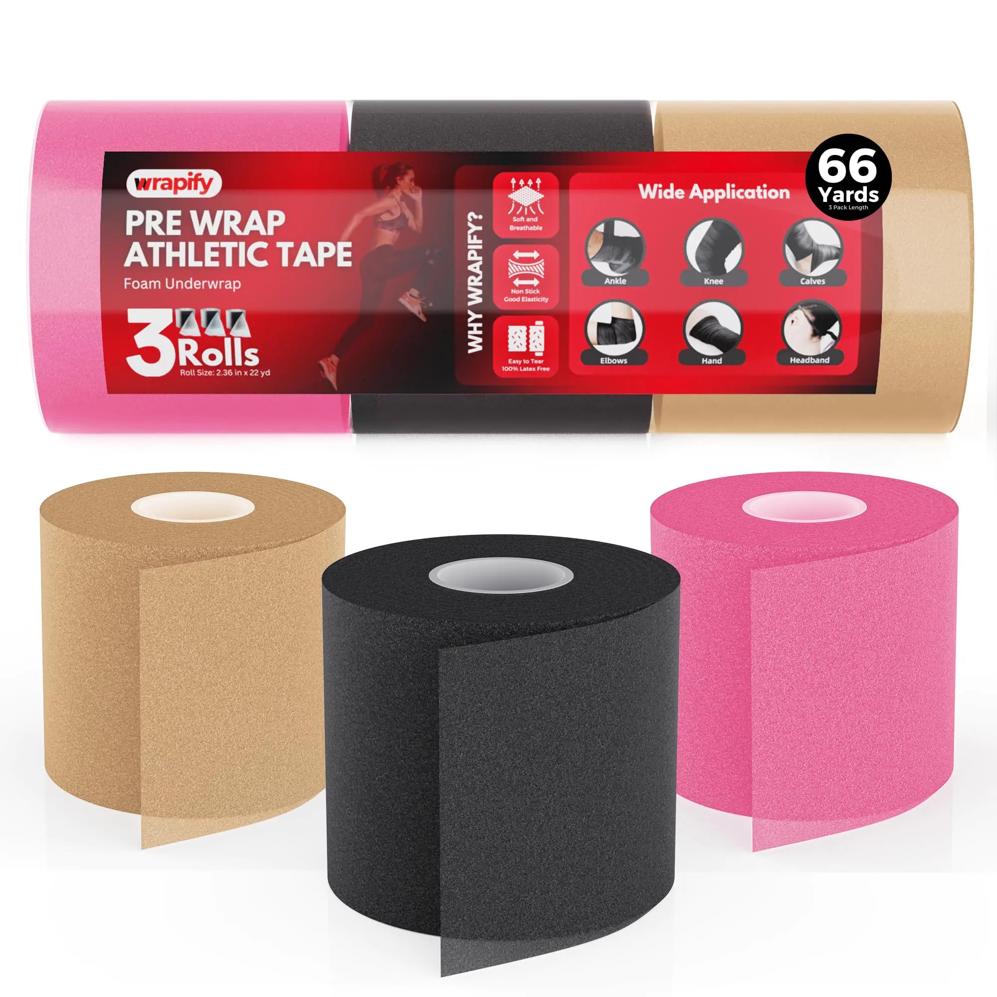 Wrapify Pre Wrap Athletic - 3 Rolls Multi Color Prewrap Headbands for Hair - 66 Yards Sports Prewrap Athletic Tape for Knee Ankle Wrist - Foam Underwrap for Soccer Basketball & Volleyball