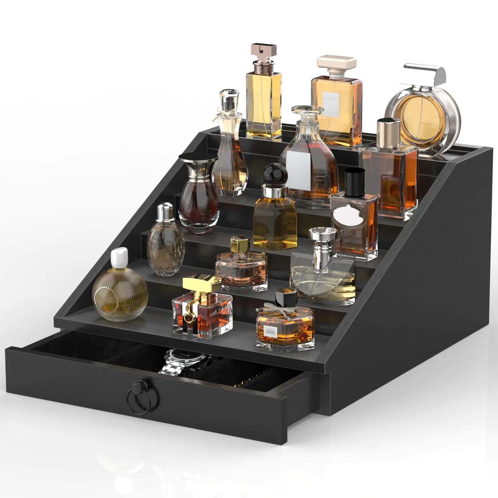 Wooden Cologne Organizer for Men Enhanced 5 Tier Cologne Stand Shelf Perfume Organizer with Velvet Lined Drawer & Hidden Storage Perfume Display Holder for Dresser Nice Gift (Classy Black)