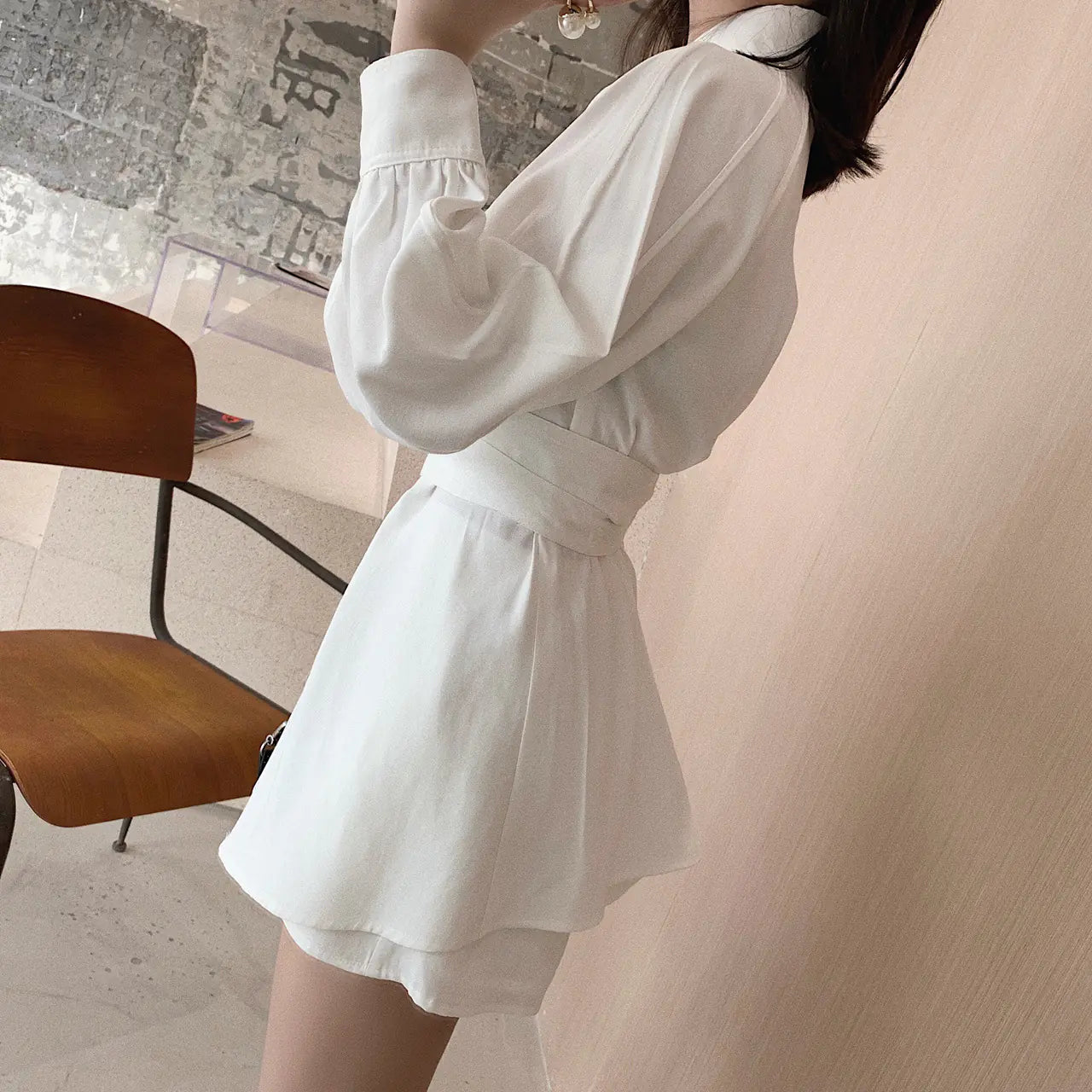 Women's Spring White Shirt and Wide-Leg Shorts Set
