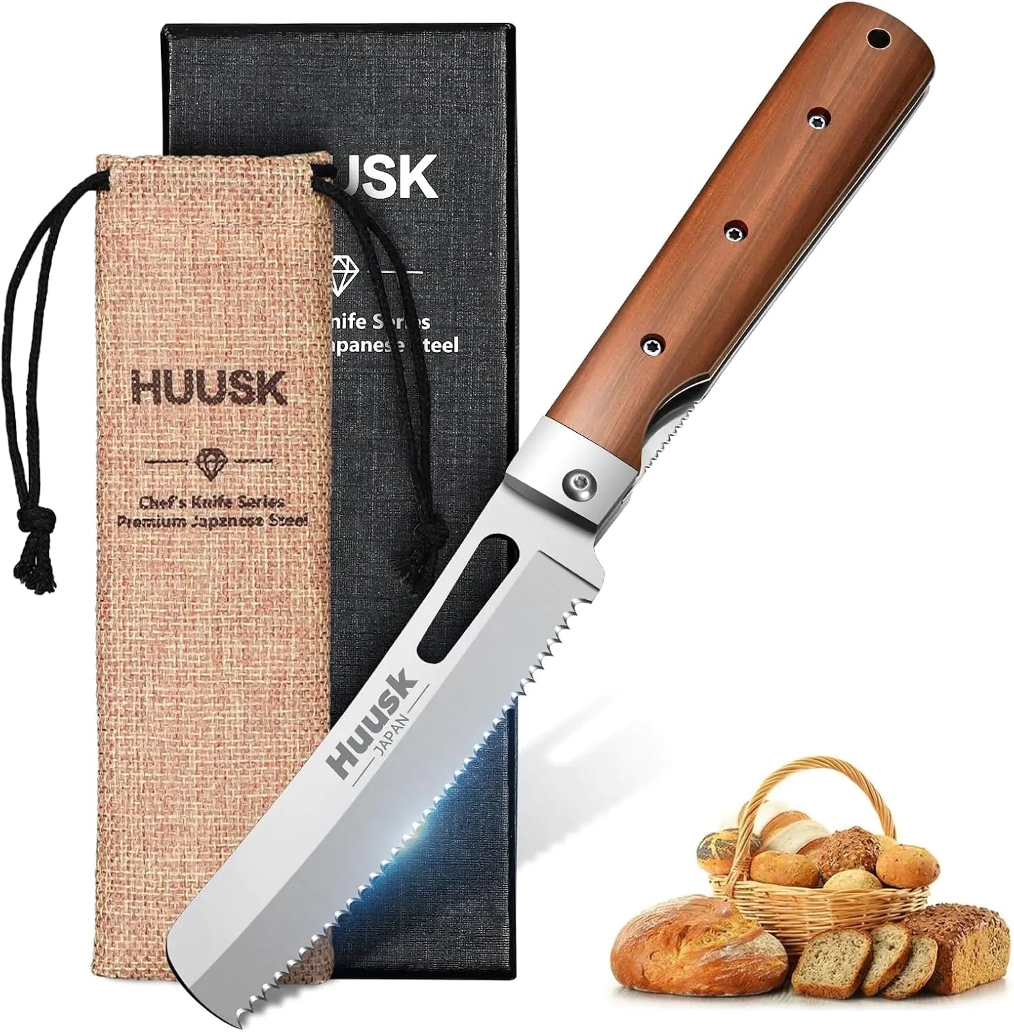 Huusk Folding Bread Knife for Homemade Bread Portable Bread Knife with Wide Wavy Edge for Steak Tomato Japanese Pocket Knife with 440C Stainless Steel for Cooking Ideal Gift