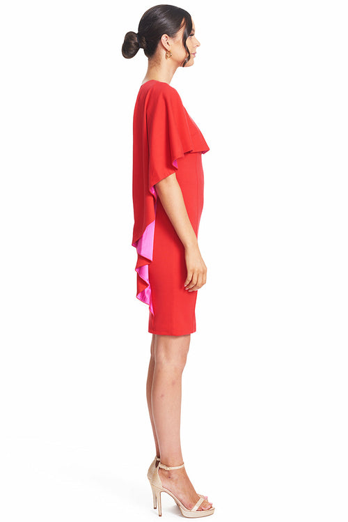 Shero Asymmetric Cape Dress - Red Bodycon Cocktail Dress with Contrast