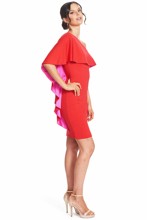 Shero Asymmetric Cape Dress - Red Bodycon Cocktail Dress with Contrast