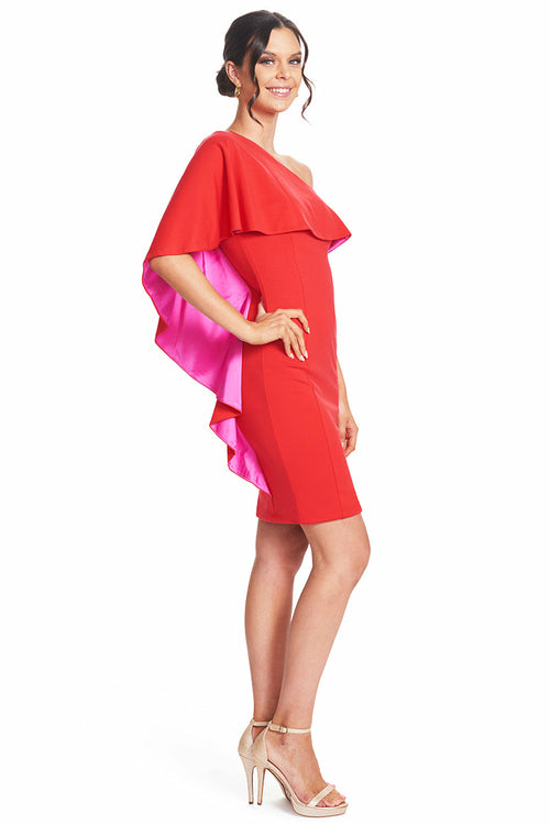 Shero Asymmetric Cape Dress - Red Bodycon Cocktail Dress with Contrast