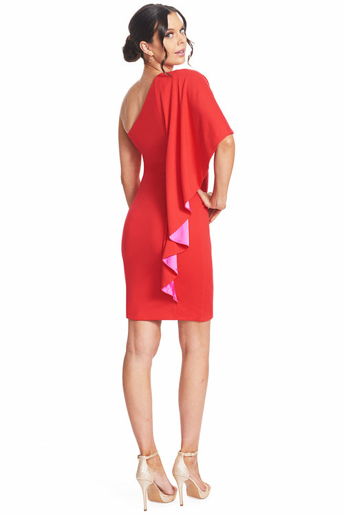 Shero Asymmetric Cape Dress - Red Bodycon Cocktail Dress with Contrast
