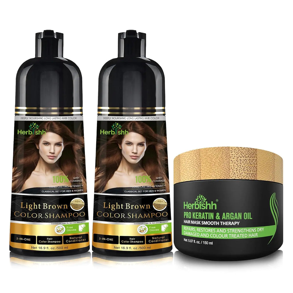 Combo Pack - Herbishh Shampoo for Gray Hair + Argan Intense Hair Mask - Long-lasting Dye Shampoo Colors in Minutes - 500 Ml - Stimulates Dry Frizzy Hair (Light Brown)