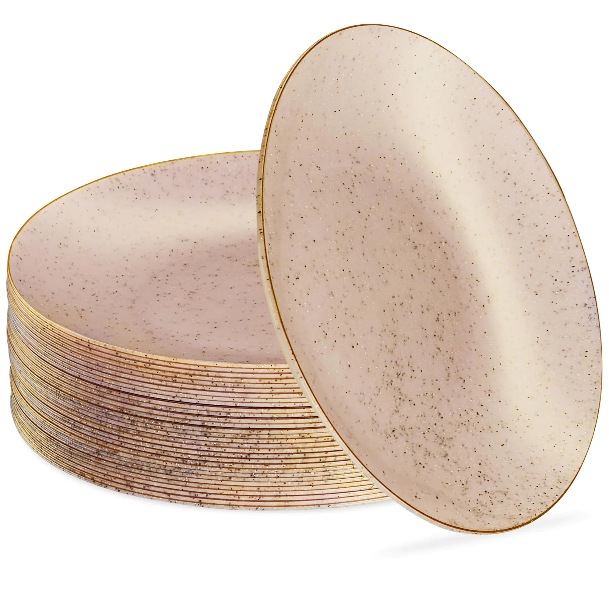 PLASTICPRO 30 Pack Disposable Plastic Plates Heavyweight Granite Look Elegant 10 inch Dinner Plates Pink with Gold Rim