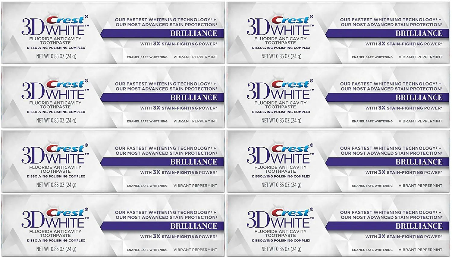 Crest 3D White Brilliance Whitening Toothpaste Vibrant Peppermint Travel Size TSA Approved 0.85 Ounce (Pack of 8)