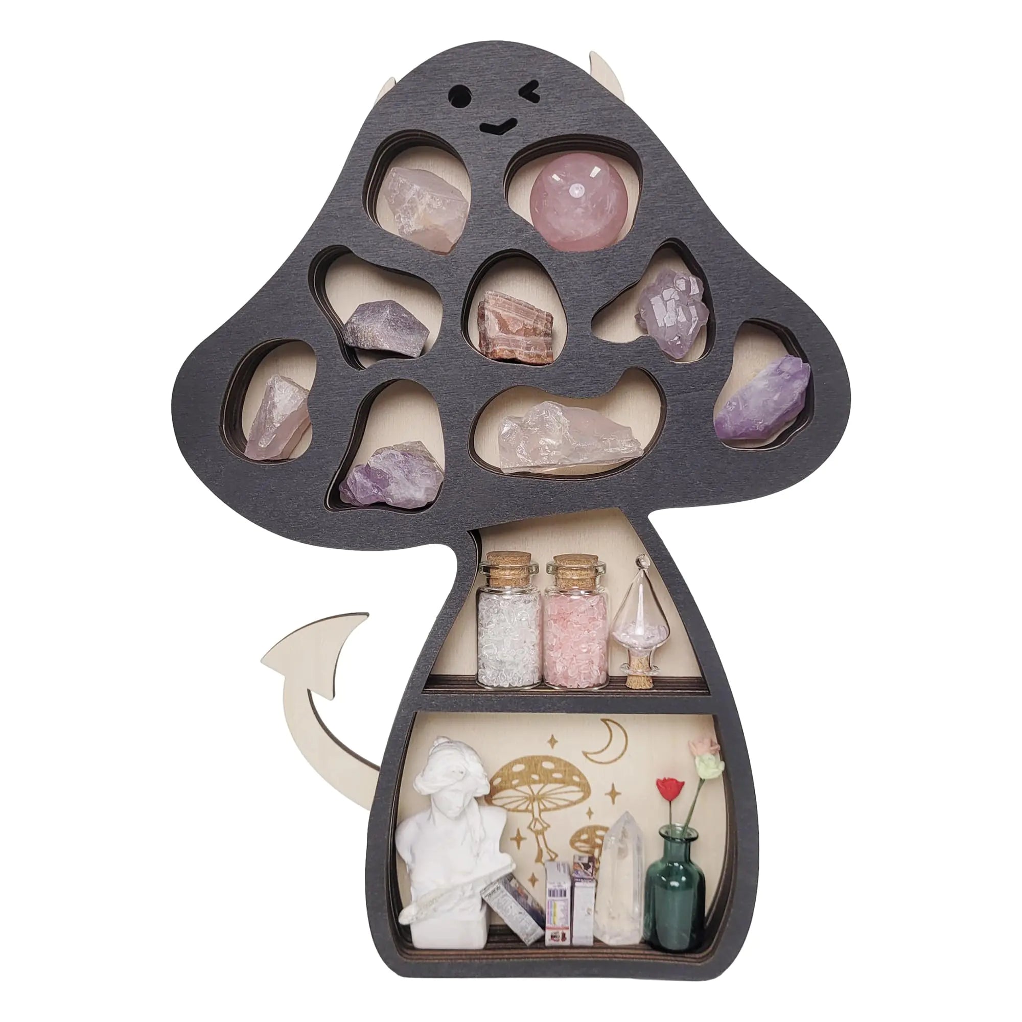 Floating Mushroom Shelves Crystal Display Shelf for Wall Cute Mushroom Decor Wooden Rock Collection Display Shelf Wall Mounted Crystal Organizer Shelf for Stones Display Home Decor for Wall