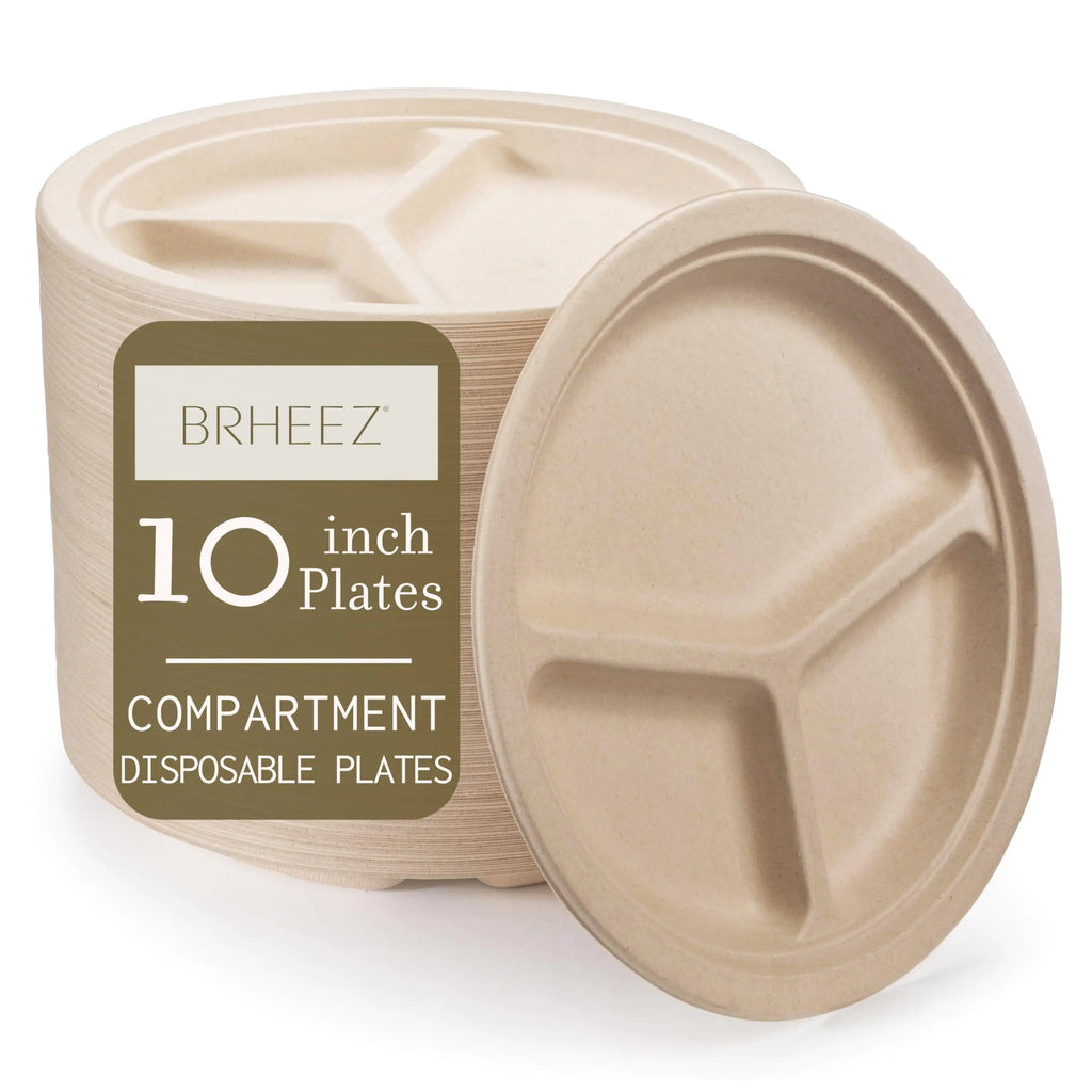 brheez Heavy Duty Round 3 Compartment Disposable Plates [10" inch] Eco-Friendly 100% Natural Bagasse Fiber Biodegradable Compostable Sustainable Paper Alternative Plates [110 Plates] Natural