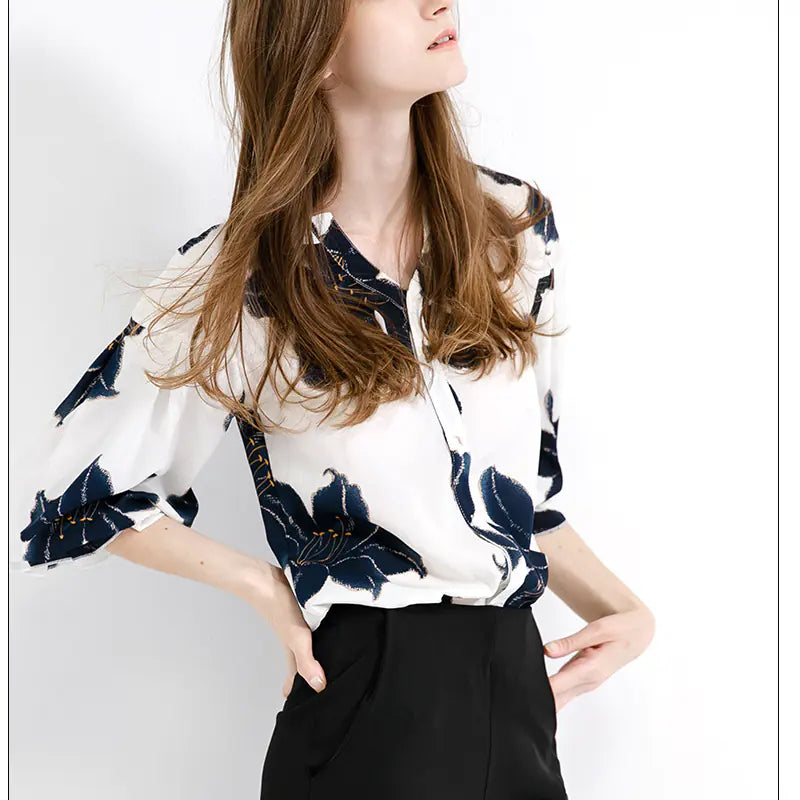 Chiffon Women's Loose 3/4 Sleeve Floral Blouse