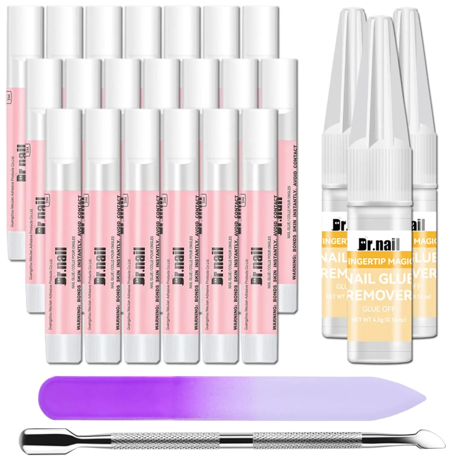 Nail Glue and Glue Remover Kit - Beauty Secrets Nail Glue for Acrylic Nails Press On Nails & Nail Tips 20Pcs Nail Glue for Press Ons and 3Pcs Quickly Nail Gule Remover with Cuticle Pusher Nail File