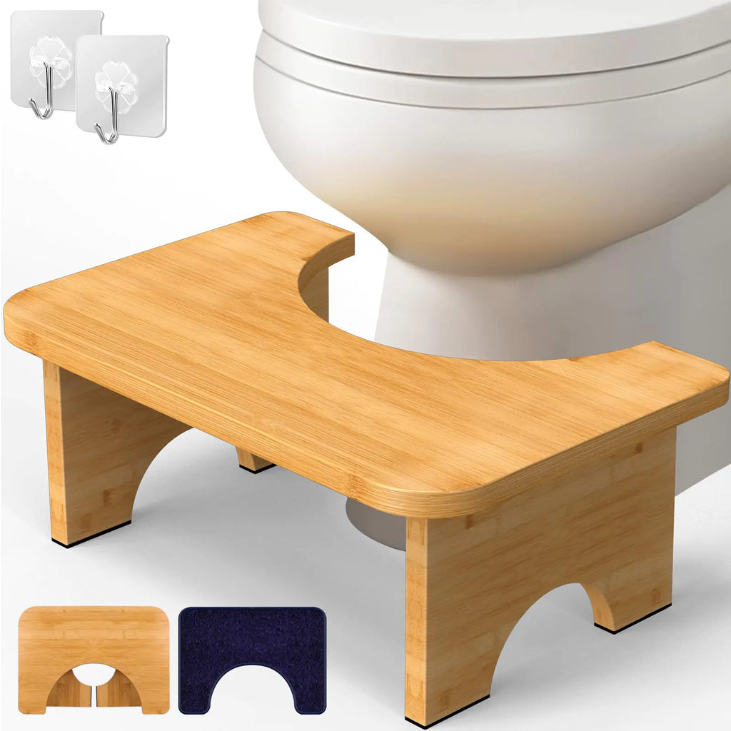 Vatex Bamboo Toilet Stool 7” Foldable Potty Poop Bathroom Stool with Extra Soft Microfiber Rug and Hooks Non-Slip Toilet Assistance Step Stool for Adult Improve Squatting Posture - Healthy Gifts