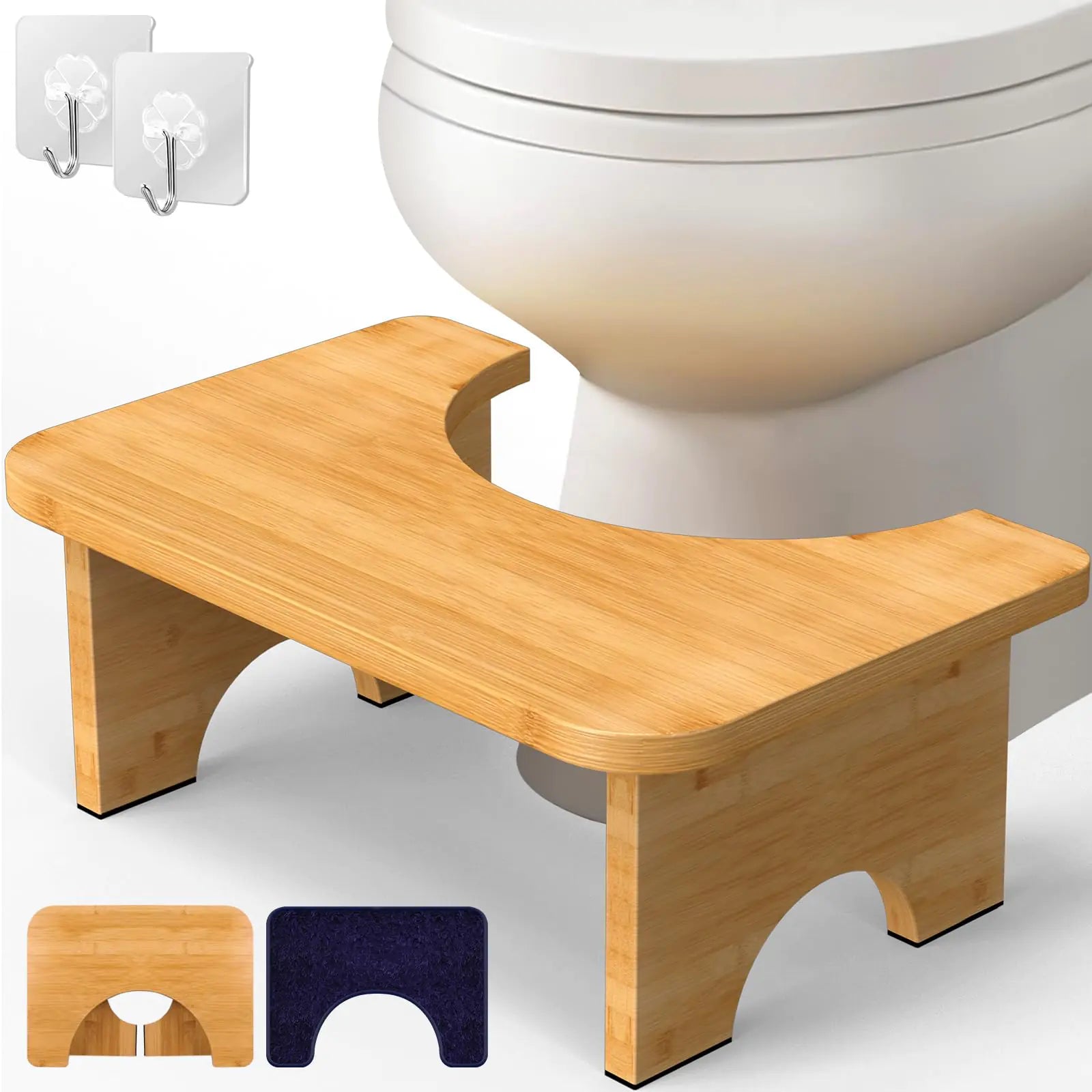 Vatex Bamboo Toilet Stool 7” Foldable Potty Poop Bathroom Stool with Extra Soft Microfiber Rug and Hooks Non-Slip Toilet Assistance Step Stool for Adult Improve Squatting Posture - Healthy Gifts