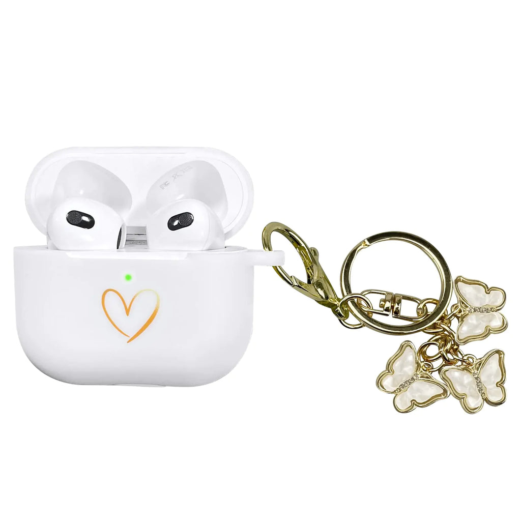 Compatible with AirPods 3 Case Cover 2021 Soft Silicone Case with Gold Heart Pattern for AirPods 3rd Generation Case with Cute Butterfly Keychain for Girls Women (White)