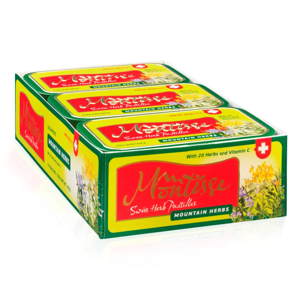 Montisse Swiss Herb Pastilles - Soothing Sugar Free Cough Drops for Adults - Infused with Vitamin C & 20 Herbs Traditional Swiss Recipe - No Sugar Low Calorie - Mountain Herbs - 6 Pack